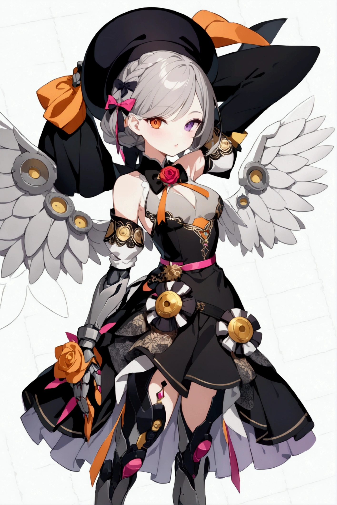 woman 160 cm tall, slim build, , charming look, ((heterocromia: look like, derecho naranja y look like izquierdo violeta)), (gray hair with pink details wavy shoulder length, He has a medium braid on the left side of his hair on his chest., big open bangs, has a gear hairpin on the left side of the hair), (((complex mechanical legs up to the hip, The legs are black with gray parts with small pink details))), (((complex mechanical arms up to the elbows, The arms are black with gray parts with small pink details))), (complex mechanical angel wings of white color with dark gray parts), elegant black French beret with an orange rose ribbon, golden gear in the beret next to the ribbon, (elegant thigh-length one-piece dress, bell skirt, short sleeves, elegant black hip belt with orange parts, small rose brooch in the middle of the chest, beautiful stiletto heels, blue and black ribbon decorations on the dress, (((character design sheet: Front view))), ((Whole body)), extremely detailed beautiful hair, beautiful detailed dress, extremely detailed arms, extremely detailed face, (Extremely detailed hands), perfect hands, small face, hermosos look likes detallados, beautiful detailed lips, adorable, extremely detailed legs, (Best Quality, 8k, High resolution), ultra detailed, Exquisite and epic character art, ((White background)), (Focus on symmetry).