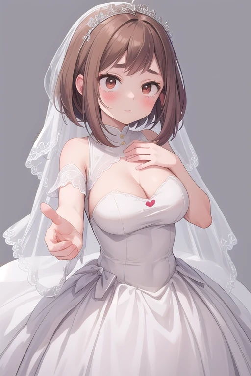 incoming hug, 1 girl, Alone, Gray background, Big breasts, ochako uraraka wearing wedding dress