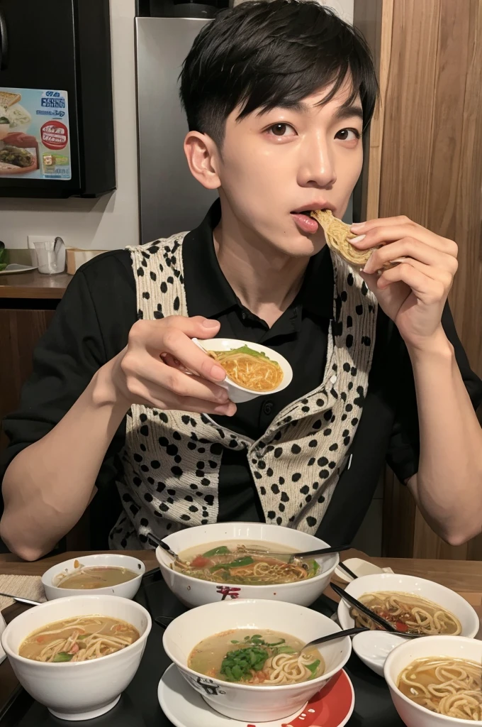 Dalmatian eating ramen