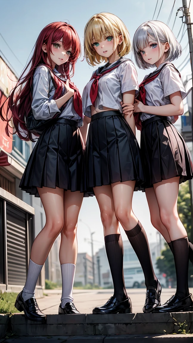 "Three 17 year old girls. The first has long yellow hair and green eyes.. The second has white Bob hair and blue eyes. The third has long red hair and red eyes.. The three are standing, wearing school uniforms. The background is a high school."