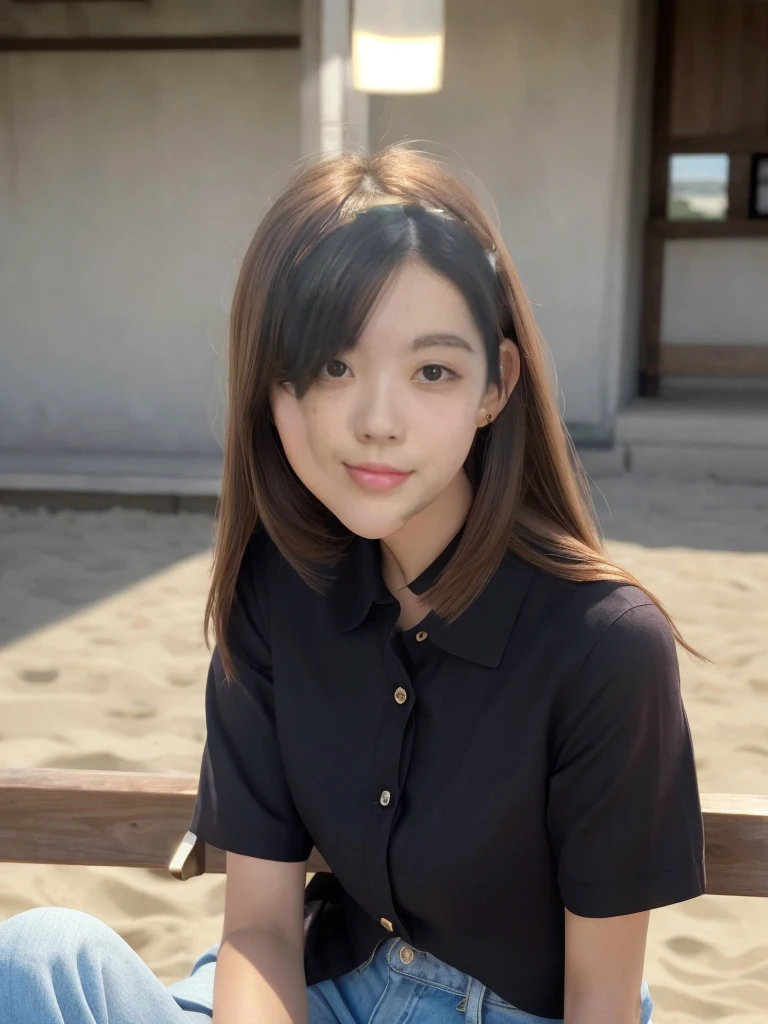 Product quality, 1 girl, Upper Body Shot, Front view, Young and pretty girl in Japan, Long Bob Hair, Wearing a wedding ring, Sitting on a beach bench with a big smile, Over a white satin silk collared shirt、Wearing a light yellow long cardigan, Wearing light brown long jeans, She has a can of coffee in her hand, Super cute face, Glossy Lips, Double eyelids on both eyes, Natural Makeup, shiny smooth light brown hair of Long Bob Hair, Asymmetrical bangs, Sunburned skin, High resolution, Attention to detail, Detailed hairstyle, Detailed face, Cinema Lighting, Octane Rendering, Ultra-realistic, Perfect limbs, Perfect Anatomy