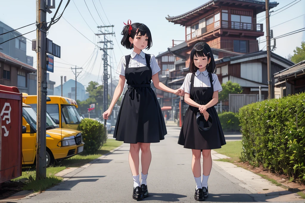 masterpiece,Highest quality,Two Girls,daughter, hair ornaments, ribbon, Apron dress, mini skirt, White shirt, Short sleeve, socks, Mary Jane,Are standing,At the station,Asian architecture,Power lines,Outdoor,