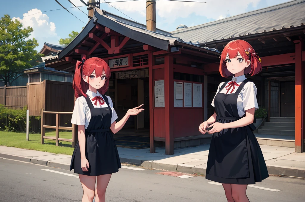 masterpiece,Highest quality,Two Girls,daughter, hair ornaments, ribbon, Apron dress, mini skirt, White shirt, Short sleeve, socks, Mary Jane,Are standing,At the station,Asian architecture,Power lines,Outdoor,