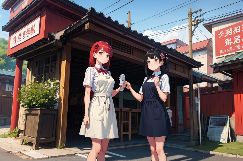 masterpiece,Highest quality,Two Girls,daughter, hair ornaments, ribbon, Apron dress, mini skirt, White shirt, Short sleeve, socks, Mary Jane,Are standing,At the station,Asian architecture,Power lines,Outdoor, 