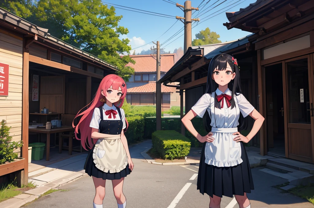 masterpiece,Highest quality,Two Girls,daughter, hair ornaments, ribbon, Apron dress, mini skirt, White shirt, Short sleeve, socks, Mary Jane,Are standing,At the station,Asian architecture,Power lines,Outdoor,