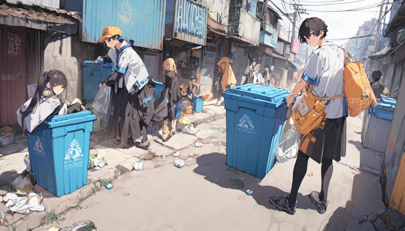 masterpiece, Highest quality, View your viewers,
Young people in their 20s placing solid waste containers in various locations.Volunteer Activities、A Kind World
