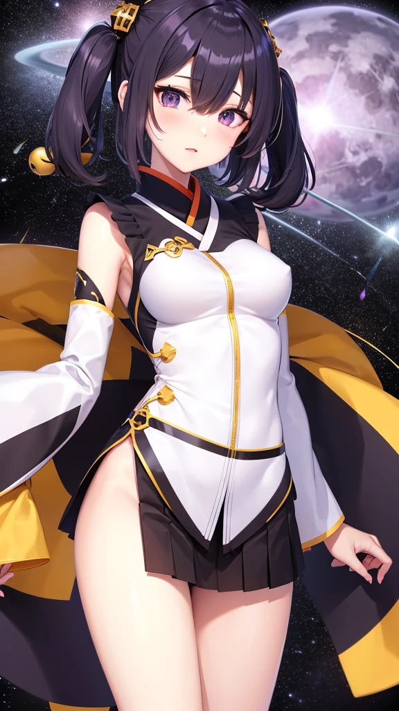 skinny girl, ultra high definition, very detailed, shuriken, shot, bundled hair, whole body, traditional Japanese outfit, short skirt, 23 years old, destroyed planet background, two tone hair (black, purple), Cheng'an, beautiful eyes