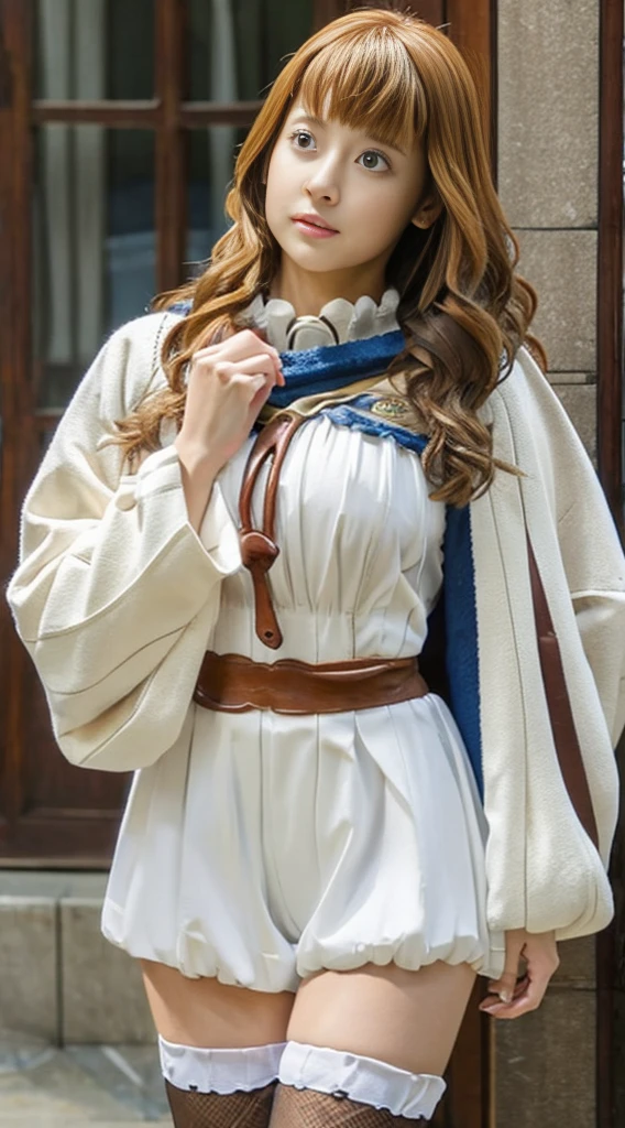 Highest quality、Highest quality、16k quality、Highly detailed figure、Highly detailed face、Highly detailed eyes、Highly detailed nose、Highly detailed facial expressions、Highly detailed costume、Highly detailed hourglass shape、Highly detailed feet、Highly detailed thighs、Being in reality、16-year-old girl、Mimosa Vermillion、main character、Brown Hair、White long sleeve knitted clothing、You can see the shape of the chest、服の上からYou can see the shape of the chest、Light brown robe、Magic Knights Emblem、Her breasts are visible through the gap in her robe.、Close to the skinする茶色い革製の腹巻き、White knit shorts、Emphasizes the shape of the chest、Brown leather long socks、Her thighs are visible between her shorts and tights、You can see the shape of the chest、G cup bust size、Big Breasts、Close to the skin、Tight、Full body photo、Are standing、Emphasizes the beauty of thigh muscles、Full body photo、Front view、