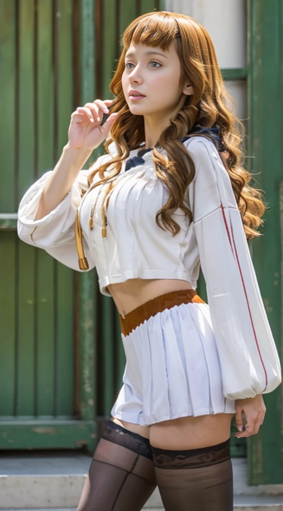Highest quality、Highest quality、16k quality、Highly detailed figure、Highly detailed face、Highly detailed eyes、Highly detailed nose、Highly detailed facial expressions、Highly detailed costume、Highly detailed hourglass shape、Highly detailed feet、Highly detailed thighs、Being in reality、16-year-old girl、Mimosa Vermillion、main character、Brown Hair、White long sleeve knitted clothing、You can see the shape of the chest、服の上からYou can see the shape of the chest、Light brown robe、Magic Knights Emblem、Her breasts are visible through the gap in her robe.、Close to the skinする茶色い革製の腹巻き、White knit shorts、Emphasizes the shape of the chest、Brown leather long socks、Her thighs are visible between her shorts and tights、You can see the shape of the chest、G cup bust size、Big Breasts、Close to the skin、Tight、Full body photo、Are standing、Emphasizes the beauty of thigh muscles、Full body photo、Front view、