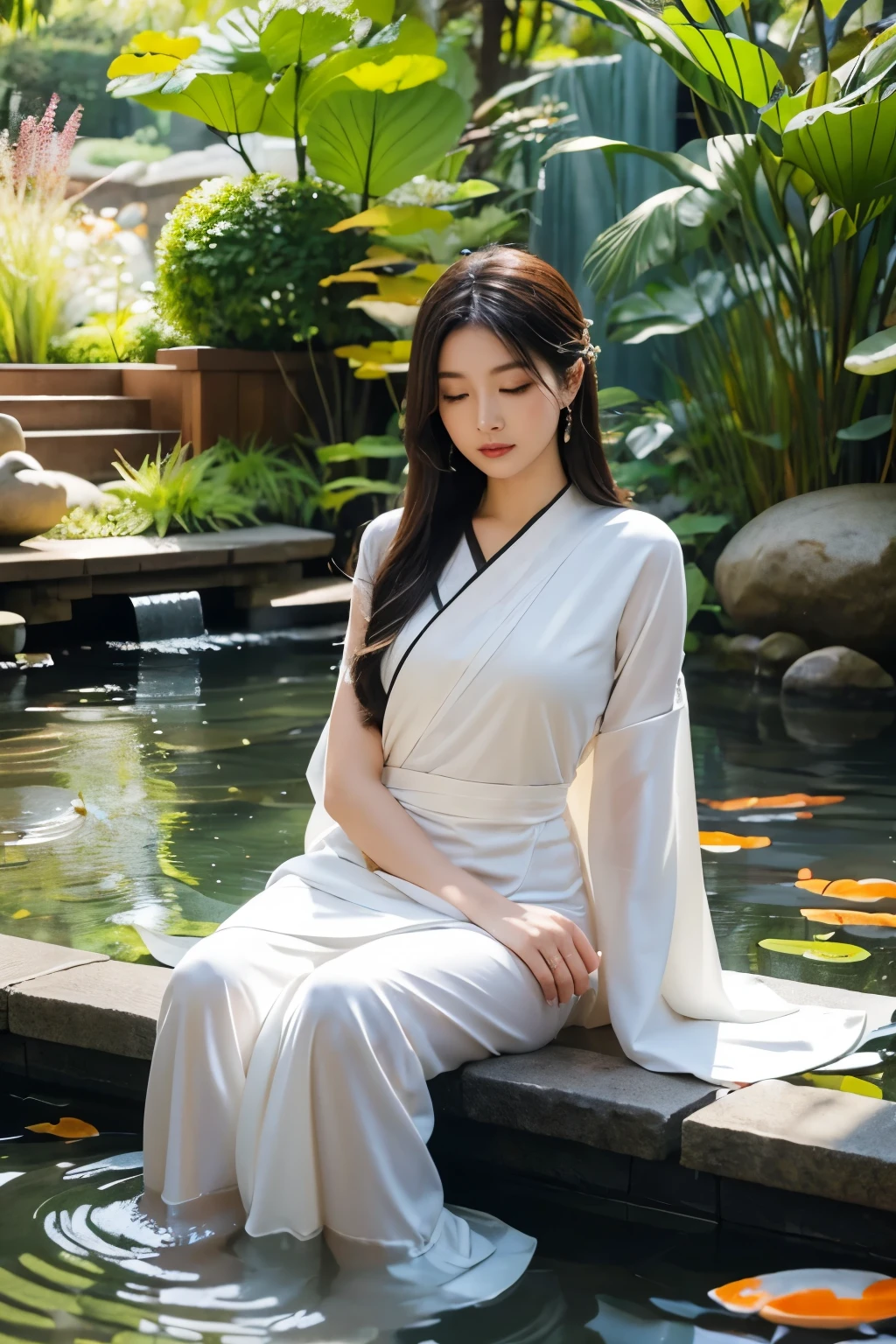a beautiful woman in a discreet Zen costume, meditating in an elaborate Zen garden with a koi fish pond and lotus flowers; smooth, sparkling skin; big wise eyes; breathtaking-pure beauty-divine perfection-unforgettable, impressive presence; volumetric lighting, halos, rays, vivid color reflections, super detailed, super sharp, super realistic, 8k