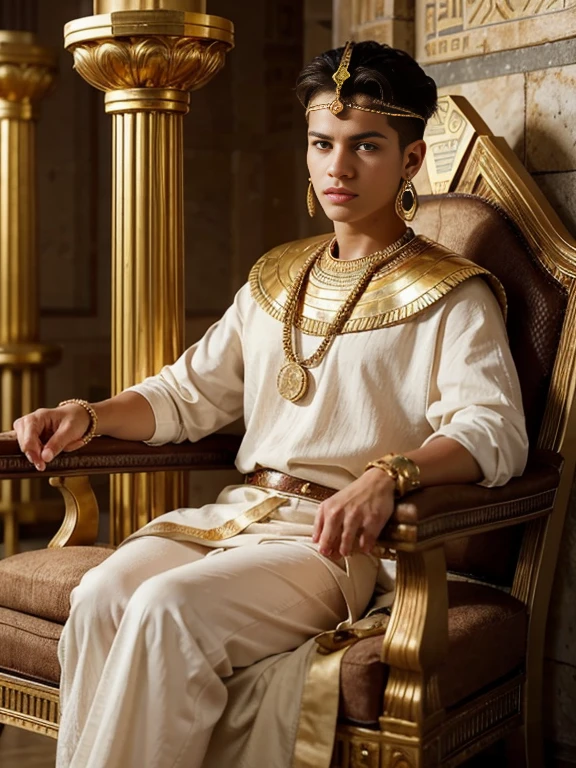 Close up shot , looking at viewer,  1 male , 1 man , Son of Cleopatra queen 7 of Egypt,   He is in a ancient Egyptian palace,  15 BC,  18age old, (skin head :1.3 , bread), (half-closed  Brown eyes, serious), (Egyptian  gold earrings, gold neckless),  (White Egyptian clothes ,wear, sandal),holding  wand,  sitting , gorgeous kingdom chair  ,(textured skin , HI detailed skin, foreshortening, Canon, 8k, anatomically correct,  super detail, high details, highness)