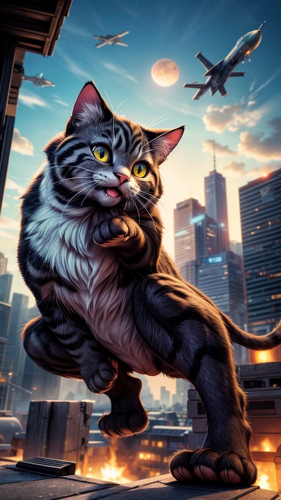 a giant cat jumping off a rooftop, grabbing a jet fighter plane, (best quality,4k,8k,highres,masterpiece:1.2),ultra-detailed,(realistic,photorealistic,photo-realistic:1.37),hyperrealistic, highly detailed feline anatomy, muscular body, sharp claws, intense expression, dramatic action pose, dramatic lighting, cinematic angle, vivid colors, dramatic shadows, depth of field, dramatic clouds, futuristic city background