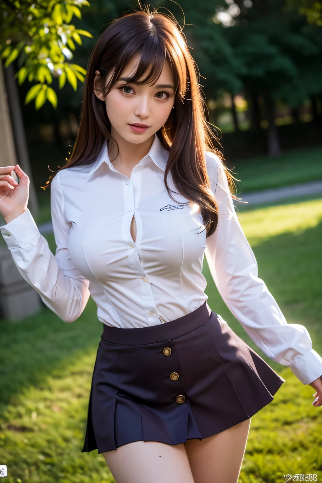 A beauty Pakistan model in photo studio, romantic background, big breasts, beauty body sexy, dress uniform cosplay student, plaid mini skirt, white panties, sensual pose, smile, naughty, vivid colors, Bokeh.