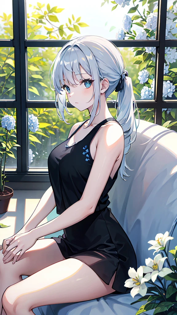 In this photo, a woman sits in a room with a window behind her. She has smooth white skin and a face with big, cute eyes. She wore a dark blue tank top with white flowers embroidered on it. Her hair was tied into two ponytails at the back of her head. This makes her look cute and natural. In the picture, she is sitting relaxed. Her hands rested on her lap. The rear window reveals a view of green trees, creating a fresh and comfortable view. This shot has lots of natural light that makes the atmosphere feel warm and friendly.