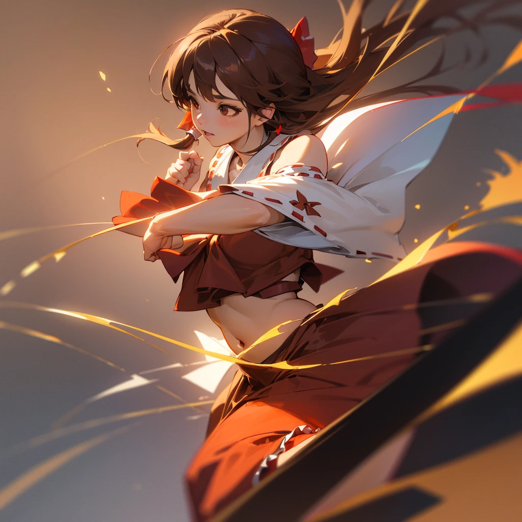 reimu hakurei, (brown eyes:1.5), gold hair, bow, hair bow, hair tubes, long hair, red bow, sidelocks, ascot, bare shoulders, black footwear, detached sleeves, embellished costume, frills, japanese clothes, nontraditional miko, red skirt, belly, (best quality,4k,8k,highres,masterpiece:1.2),ultra-detailed,(realistic,photorealistic,photo-realistic:1.37),HDR,UHD,studio lighting,ultra-fine painting,sharp focus,physically-based rendering,extreme detail description,professional,vivid colors,bokeh,portraits