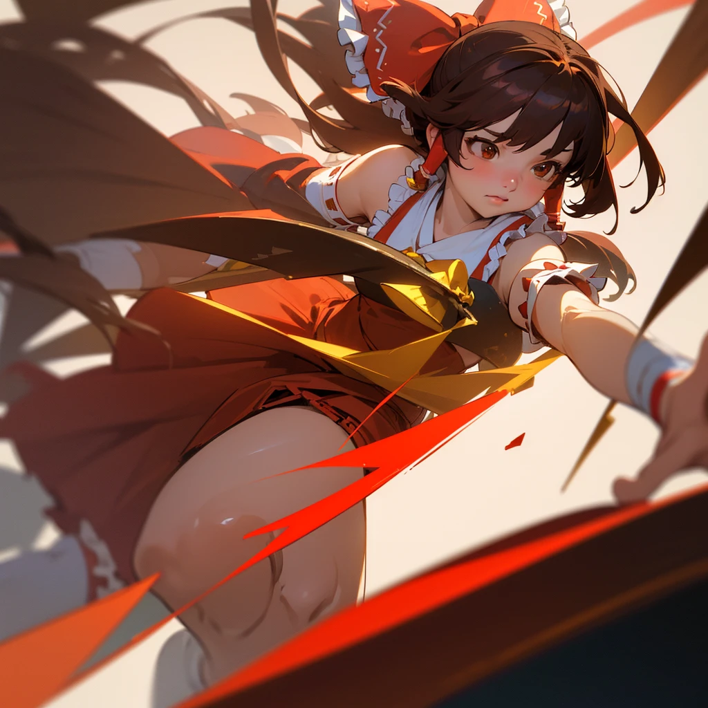 reimu hakurei, (brown eyes:1.5), gold hair, bow, hair bow, hair tubes, long hair, red bow, sidelocks, ascot, bare shoulders, black footwear, detached sleeves, embellished costume, frills, japanese clothes, nontraditional miko, red skirt, belly, (best quality,4k,8k,highres,masterpiece:1.2),ultra-detailed,(realistic,photorealistic,photo-realistic:1.37),HDR,UHD,studio lighting,ultra-fine painting,sharp focus,physically-based rendering,extreme detail description,professional,vivid colors,bokeh,portraits