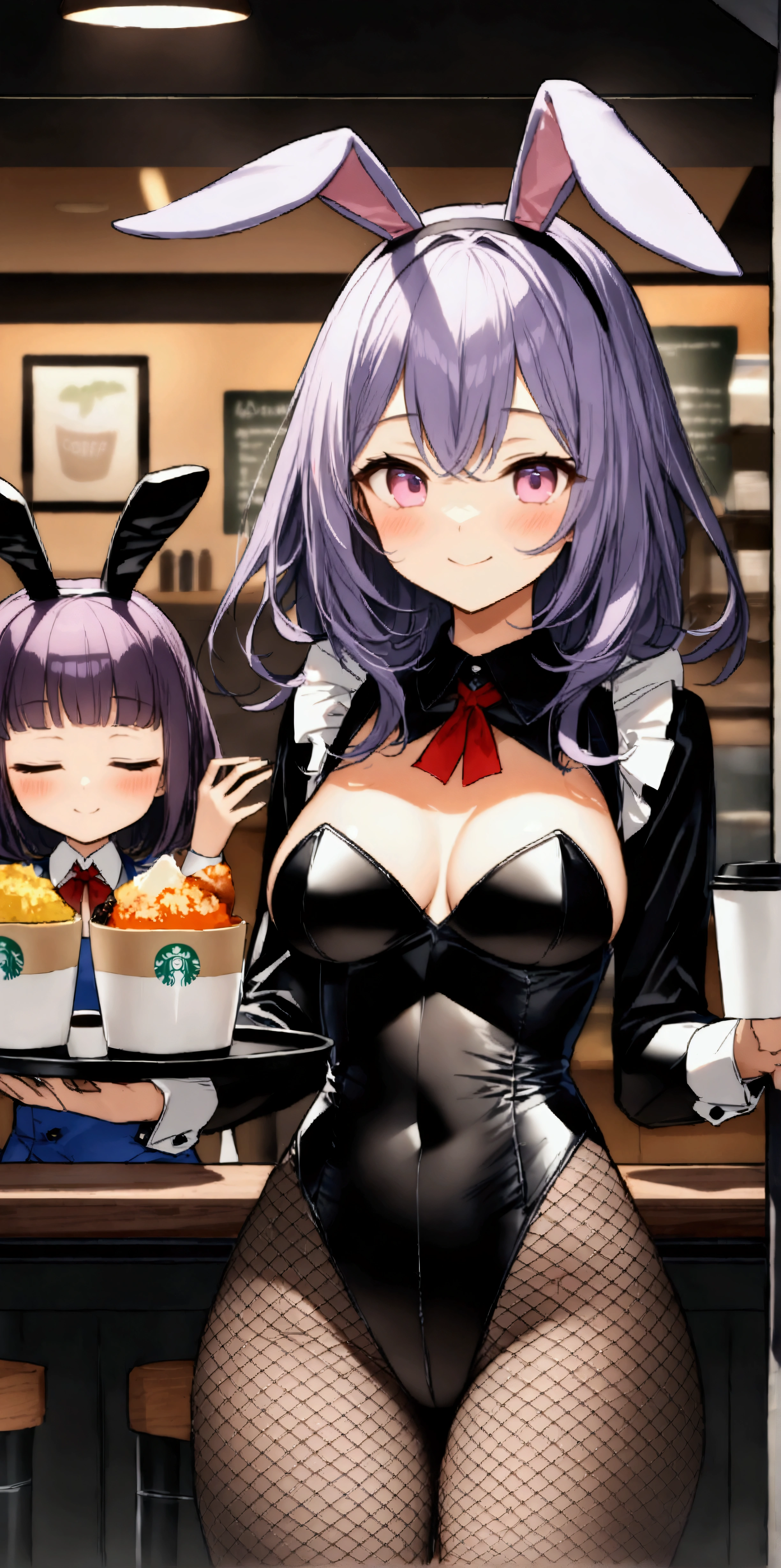 cute face, ideal ratio body proportions, curvy, blush, medium hair, (purple hair), (pink eyes), (medium breasts), (((3 girls))), ((Bunny ears)), (((purple Bunny girls))), ((Fishnet tights)), (Closed your eyes), ((Closed your mouth)), smile, (((Hold the tray))), (((multi foods))), (((A coffee shop with many customers))), ((32k)), ((best quality)), ((ultra high res)), ((HDR)), ((UHD)), ((extremely detailed CG)), ((unity 32k wallpaper)), ((perfect anatomy)), ((from front)),