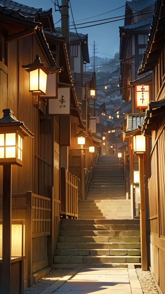 Please draw a picture of a Japanese city on a sunny day.。Include a staircase leading up between traditional Japanese buildings。There is a street lamp and a traffic light on the left side of the stairs.。The overall atmosphere is、Please create a piece that captures the city&#39;s infrastructure and unique Japanese cultural elements.