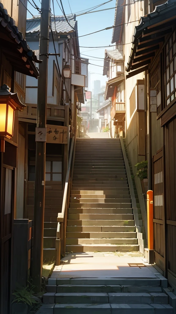 Please draw a picture of a Japanese city on a sunny day.。Include a staircase leading up between traditional Japanese buildings。There is a street lamp and a traffic light on the left side of the stairs.。The overall atmosphere is、Please create a piece that captures the city's infrastructure and unique Japanese cultural elements.