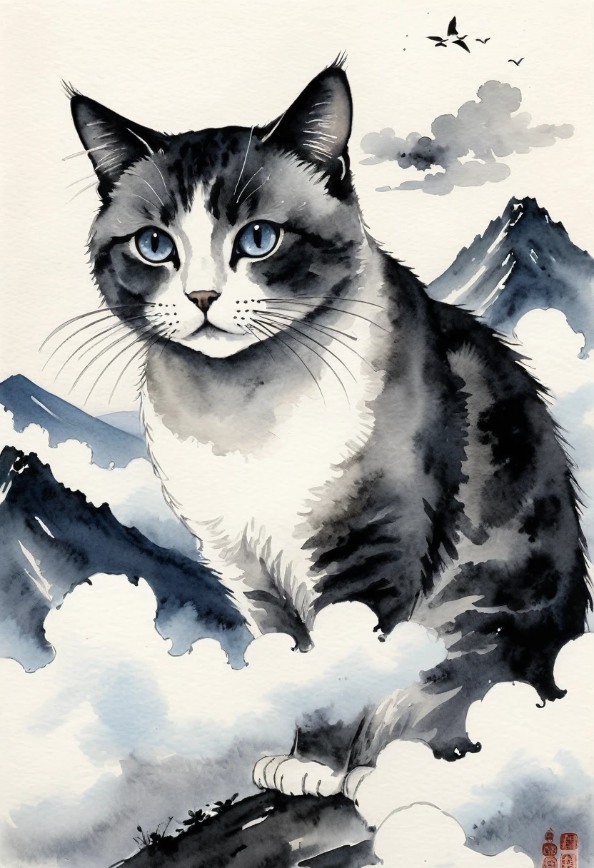 日本のInk painting, Ink painting, Ink painting, 日本のInk painting, A cat bigger than a mountain, Narrow eyes, Bushy, Head high above the clouds 