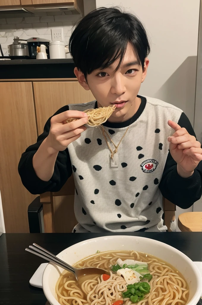 Dalmatian eating ramen