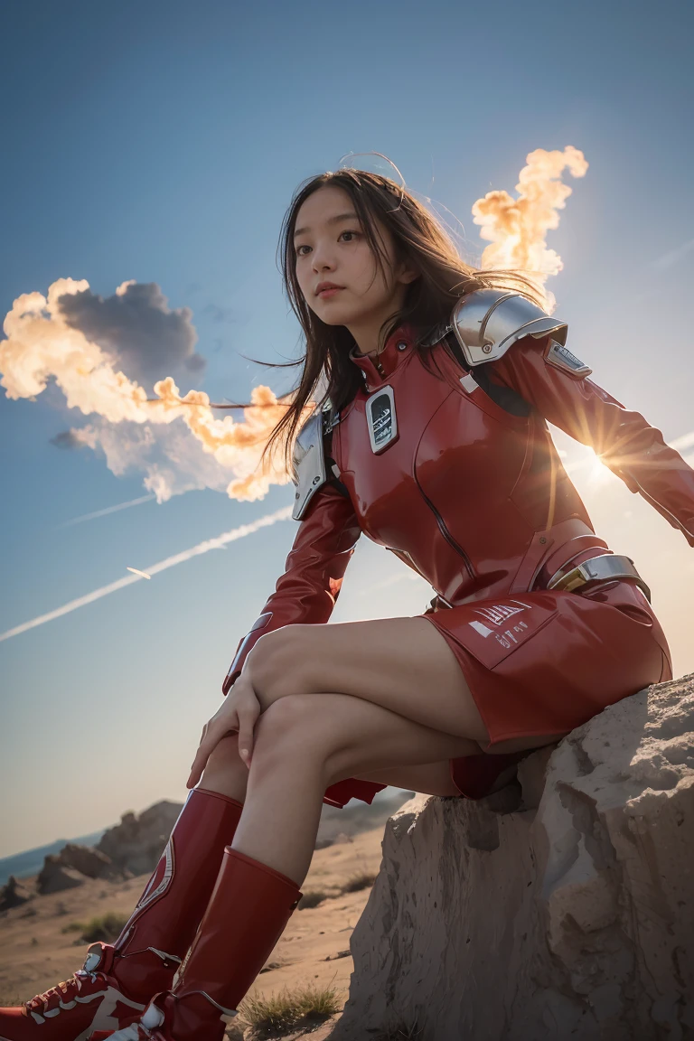 1girl, Absurd resolution, high resolution, (masterpiece: 1.4), hyper-detail, a mech, red armor with red wings, floating flight in the sky (1.8) background is wild, fire, full bodysuit,