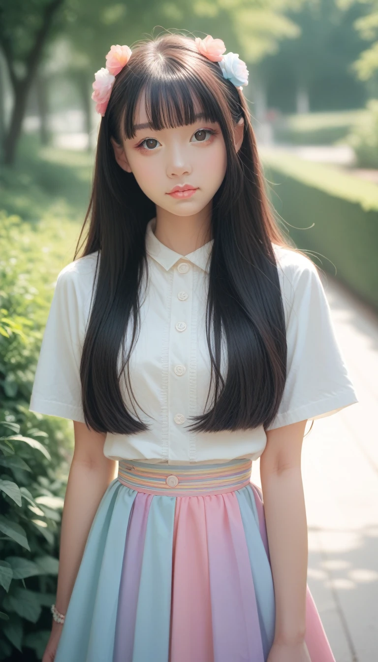 score_9_up, score_8_up, score_7_up, photoPractical, Lip Gloss, , Practical, best quality, Ultra-high resolution, depth, Pastel colors, Natural shade, Focus on the face, Face only, Looking at the audience, Long hair, Hair accessories, Black Hair, Brown, detailed eyes, skirt