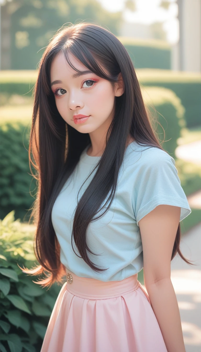 score_9_up, score_8_up, score_7_up, photoPractical, Lip Gloss, , Practical, best quality, Ultra-high resolution, depth, Pastel colors, Natural shade, Focus on the face, Face only, Looking at the audience, Long hair, Hair accessories, Black Hair, Brown, detailed eyes, skirt