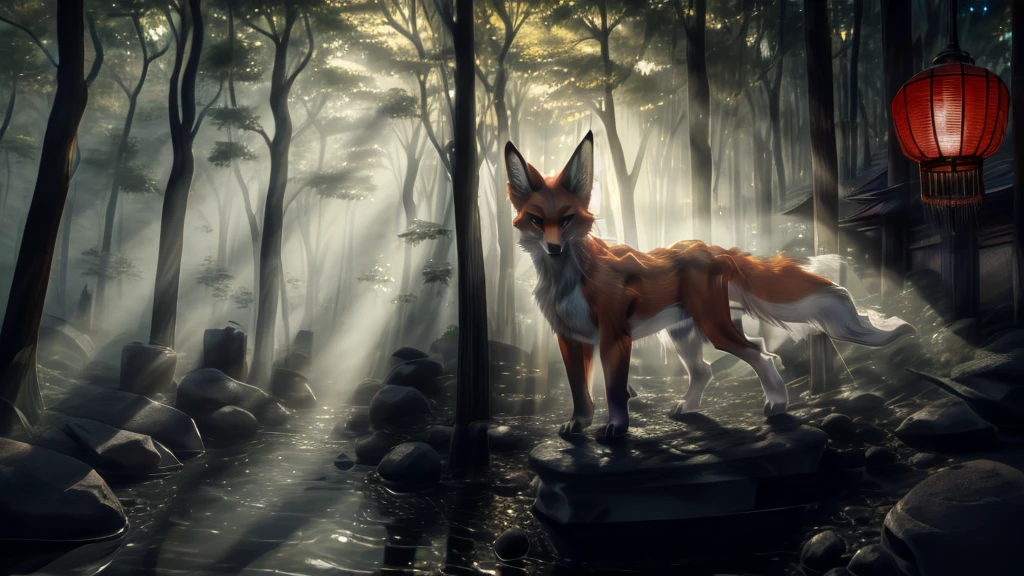 Beautiful Japanese landscape, High Definition, beautiful japanese kitsune, kitsune on fire, finely detailed, cunning bitch, fox face elongated snout add_detail,in the spring hanami add_detail:1 mistycal aura