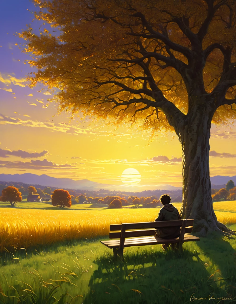 OBRA MAESTRA ANIME,Creates an image of a serene, sunlit rural scene in a vibrant and detailed anime style. The scene is a boy sitting next to a tree in an autumn meadow, watching a vast golden yellow sky with bench spots, incredible sunset, tall grasses, Style ULTRA Kilian Eng y Thomas Kinkade, Rob Gonsalves y Tim White., silvain sarriel, Rhads y Thomas Kinkade, inspirado en RHADS, cyril rolando and m.w kalut, cyril rolando and m. w kalut, rhads!!!