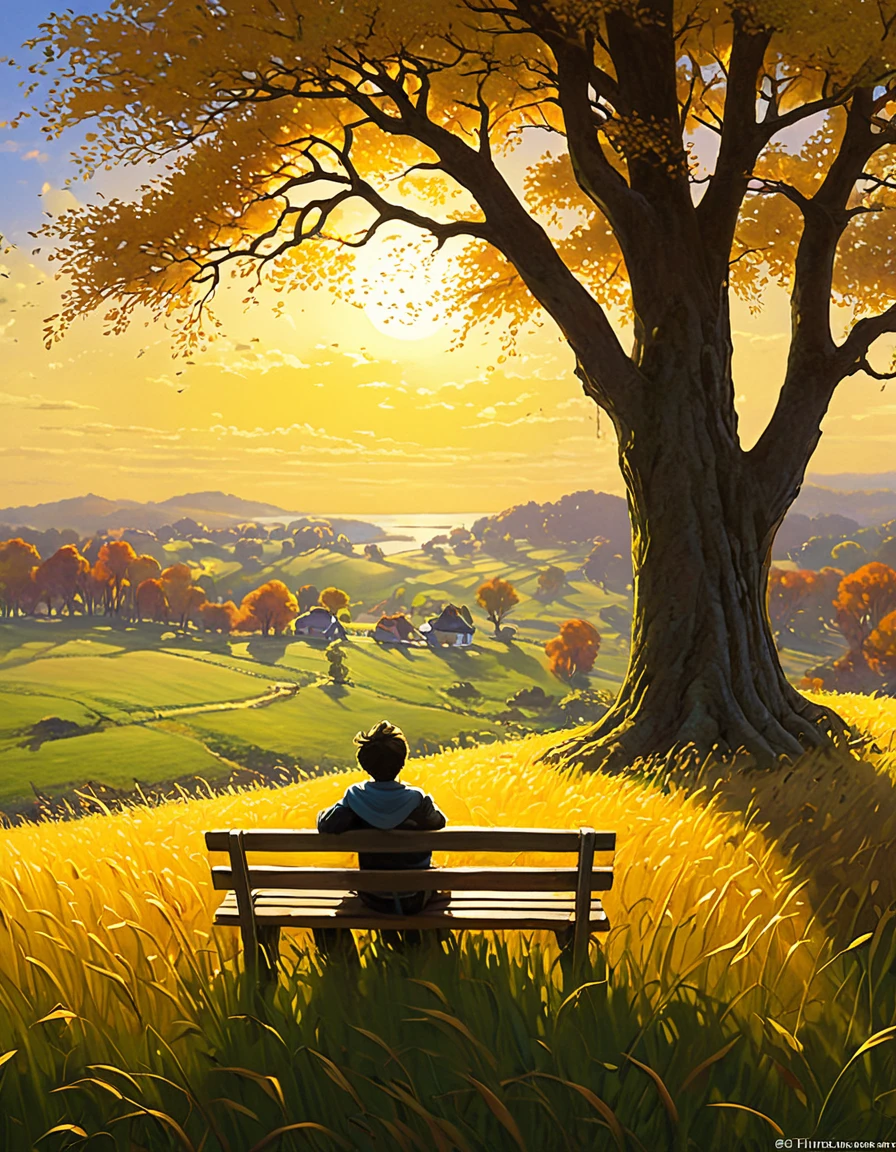 OBRA MAESTRA ANIME,Creates an image of a serene, sunlit rural scene in a vibrant and detailed anime style. The scene is a boy sitting next to a tree in an autumn meadow, watching a vast golden yellow sky with bench spots, incredible sunset, tall grasses, Style ULTRA Kilian Eng y Thomas Kinkade, Rob Gonsalves y Tim White., silvain sarriel, Rhads y Thomas Kinkade, inspirado en RHADS, cyril rolando and m.w kalut, cyril rolando and m. w kalut, rhads!!!