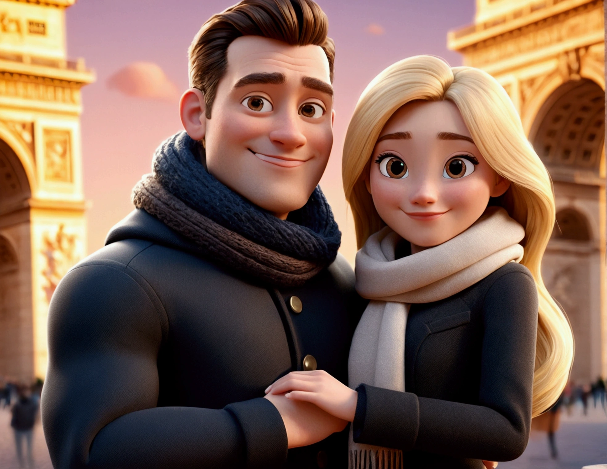 Cartoon character of a tall man 29 years old, smiling in black coat animation character, hugging a 27-year-old woman with long blonde hair and a small stature, smiling in brown coat and scarf, in front of the Arc de Triomphe in Paris. stylized character, animation style rendering, 3d stylized, Arnold Maya rendering, Stylized 3D rendering, toon render screenshot, 3d character, 3d character, Stylized 3D rendering, 3D character rendering, cartoon character, Personagem de close up, showing half body, photo orientation horizontally (Pixar-style) (master part:1.2) (bokeh) (best qualityer) (skin detailed) (detailed texture) (8k) (Argilla) (cinematic lighting) (sharp focus