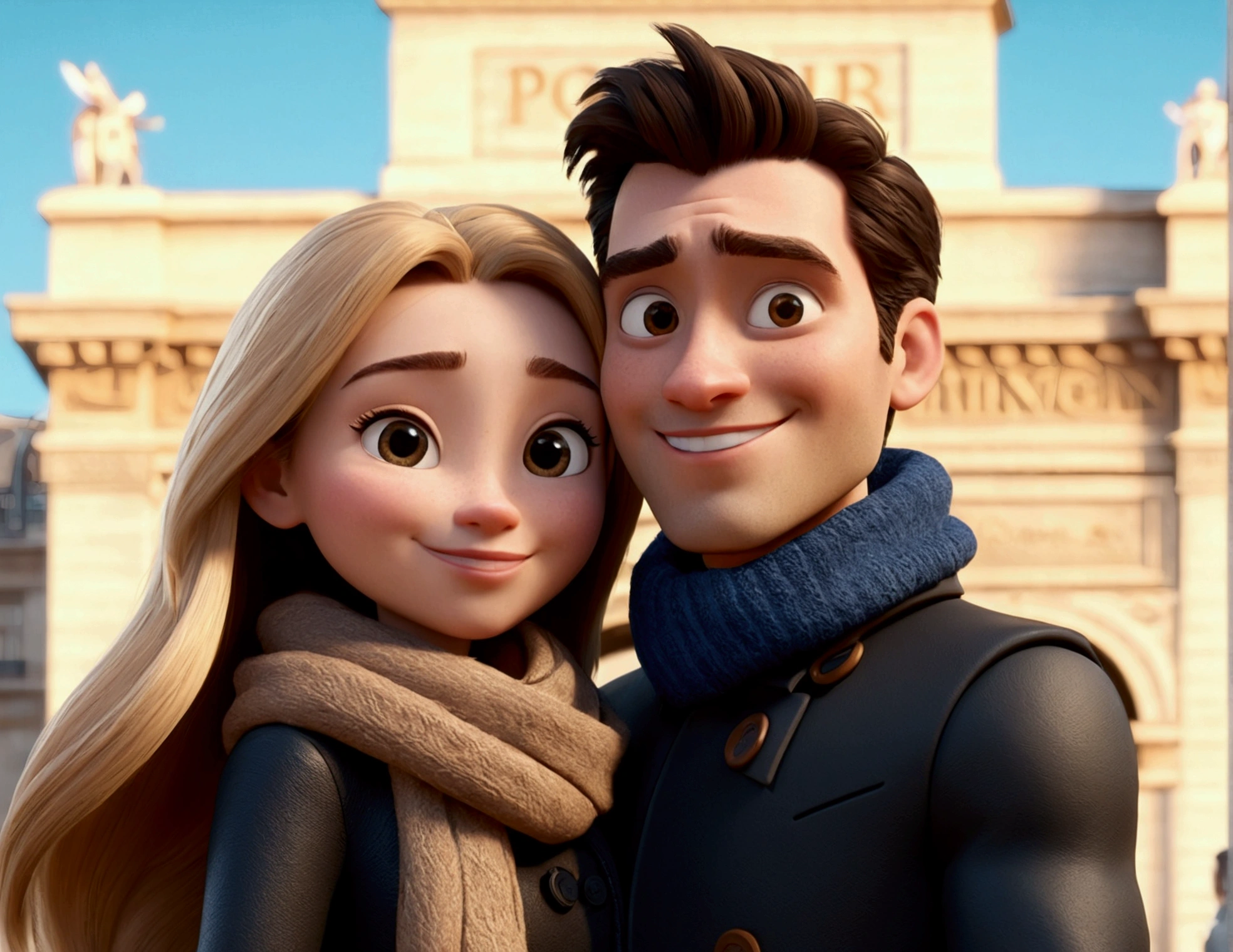 Cartoon character of a tall man 29 years old, smiling in black coat animation character, hugging a 27-year-old woman with long blonde hair and a small stature, smiling in brown coat and scarf, in front of the Arc de Triomphe in Paris. stylized character, animation style rendering, 3d stylized, Arnold Maya rendering, Stylized 3D rendering, toon render screenshot, 3d character, 3d character, Stylized 3D rendering, 3D character rendering, cartoon character, Personagem de close up, showing half body, photo orientation horizontally (Pixar-style) (master part:1.2) (bokeh) (best qualityer) (skin detailed) (detailed texture) (8k) (Argilla) (cinematic lighting) (sharp focus