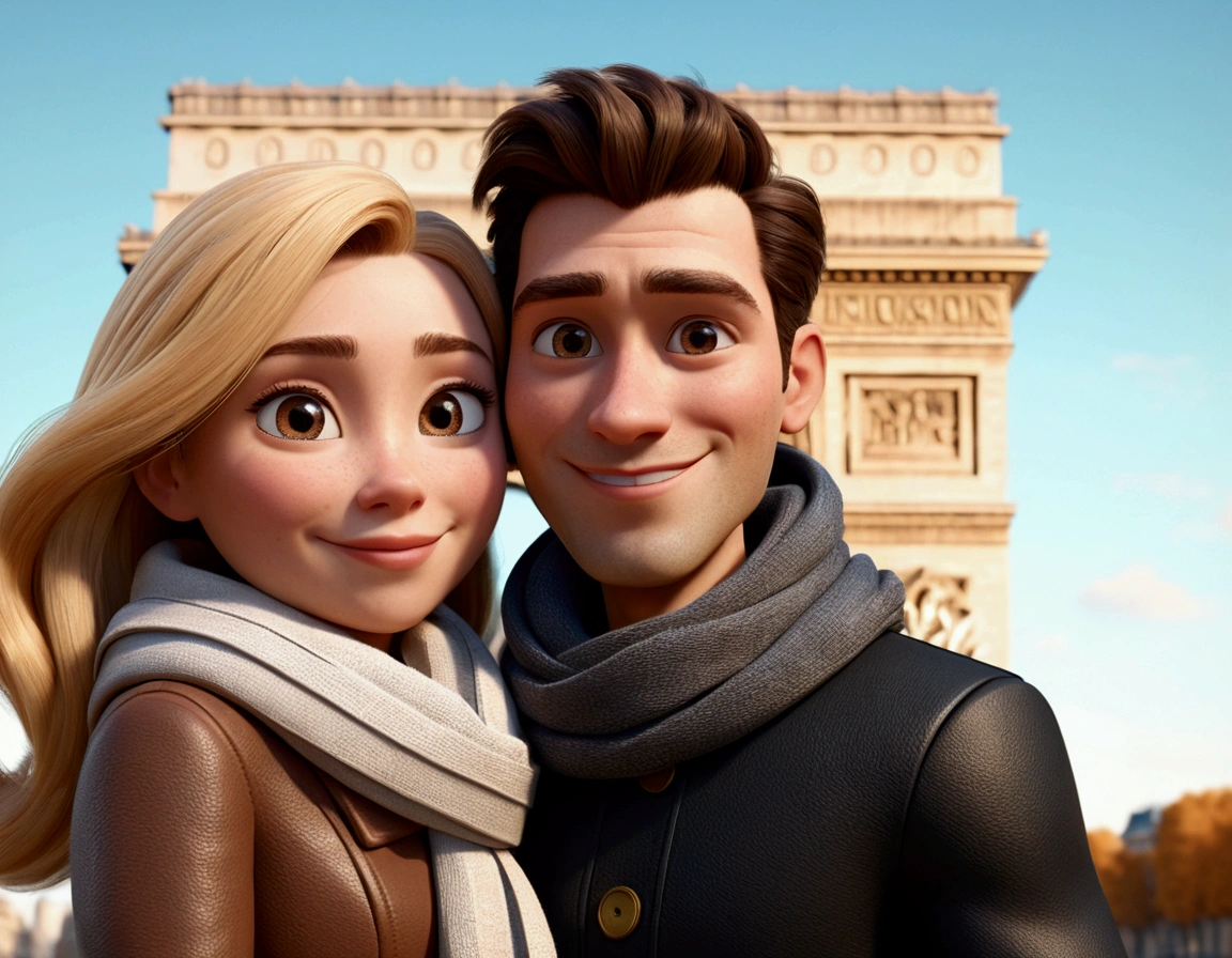 Cartoon character of a tall man 29 years old, smiling in black coat animation character, hugging a 27-year-old woman with long blonde hair and a small stature, smiling in brown coat and scarf, in front of the Arc de Triomphe in Paris. stylized character, animation style rendering, 3d stylized, Arnold Maya rendering, Stylized 3D rendering, toon render screenshot, 3d character, 3d character, Stylized 3D rendering, 3D character rendering, cartoon character, Personagem de close up, showing half body, photo orientation horizontally (Pixar-style) (master part:1.2) (bokeh) (best qualityer) (skin detailed) (detailed texture) (8k) (Argilla) (cinematic lighting) (sharp focus