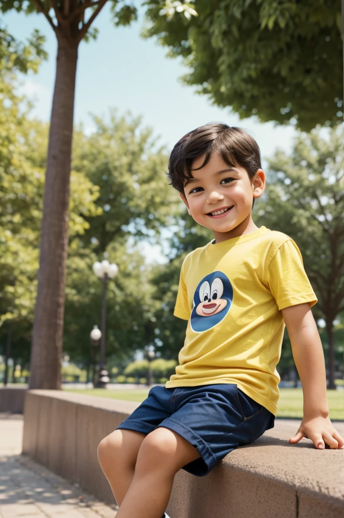 Create Disney Pixar-like image of a . He has short dark hair, up hairstyle. His skin is clear. He is wearing a yellow t-shirt. He is sitting in a park. , smiling happily.