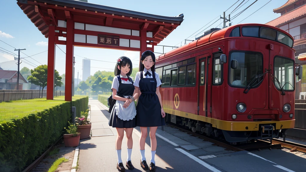 masterpiece,Highest quality,Two Girls,daughter, hair ornaments, ribbon, Apron dress, mini skirt, White shirt, Short sleeve, socks, Mary Jane,Are standing,At the station,Asian architecture,Power lines,Outdoor,
