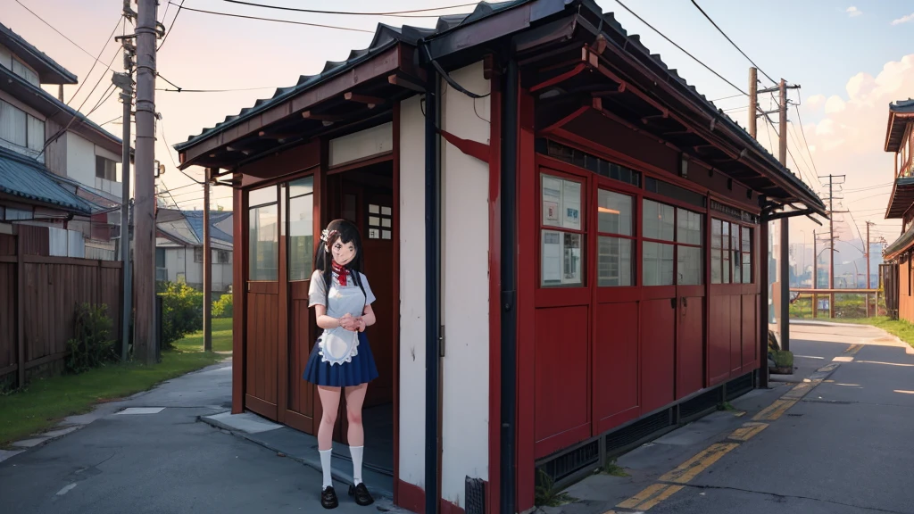 masterpiece,Highest quality,Two Girls,daughter, hair ornaments, ribbon, Apron dress, mini skirt, White shirt, Short sleeve, socks, Mary Jane,Are standing,At the station,Asian architecture,Power lines,Outdoor,