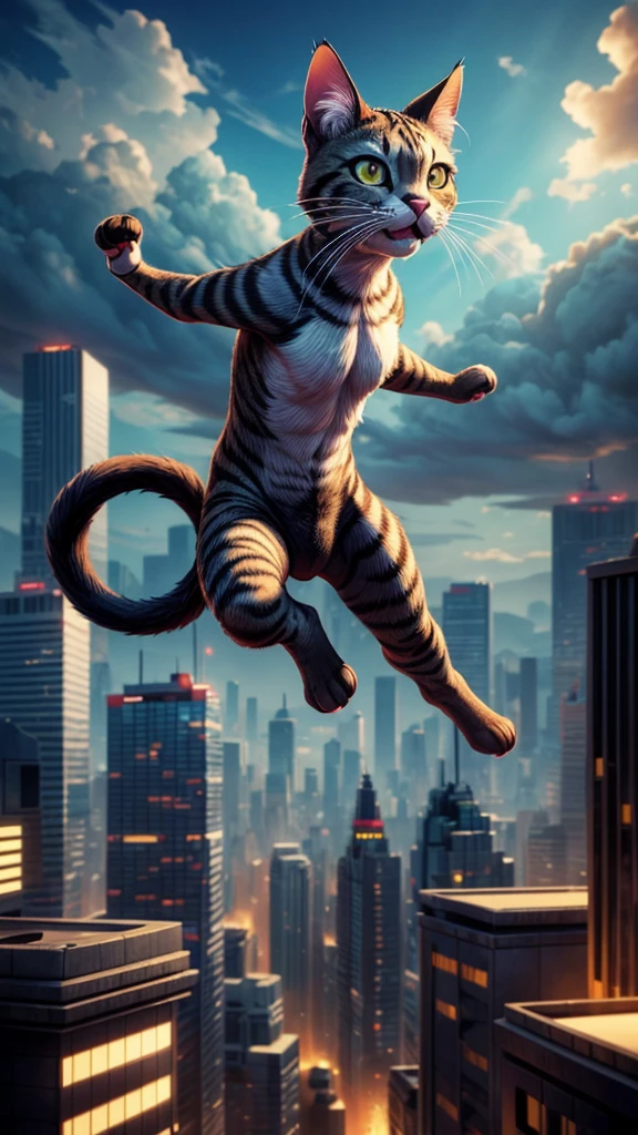 a giant cat jumping off a rooftop, grabbing a jet fighter plane, (best quality,4k,8k,highres,masterpiece:1.2),ultra-detailed,(realistic,photorealistic,photo-realistic:1.37),hyperrealistic, highly detailed feline anatomy, muscular body, sharp claws, intense expression, dramatic action pose, dramatic lighting, cinematic angle, vivid colors, dramatic shadows, depth of field, dramatic clouds, futuristic city background