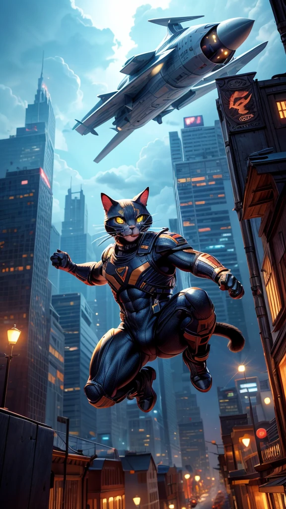 a giant cat jumping off a rooftop, grabbing a jet fighter plane, (best quality,4k,8k,highres,masterpiece:1.2),ultra-detailed,(realistic,photorealistic,photo-realistic:1.37),hyperrealistic, highly detailed feline anatomy, muscular body, sharp claws, intense expression, dramatic action pose, dramatic lighting, cinematic angle, vivid colors, dramatic shadows, depth of field, dramatic clouds, futuristic city background
