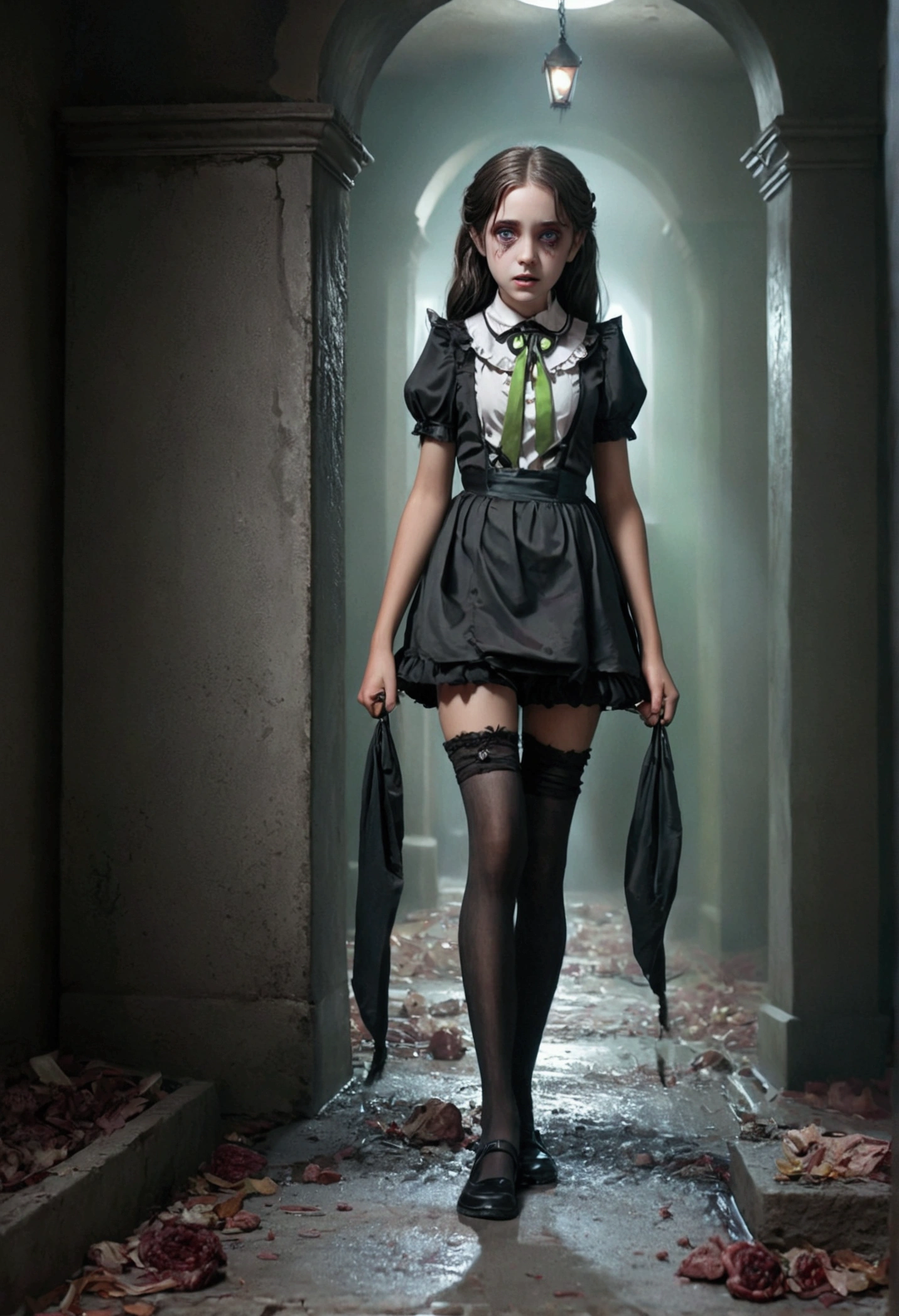 11 years old, in a maid outfit,daughter of severus snape,  Illustration, Vibrant color palette, Dynamic linework, Exaggerated expressions, Detailed shading: A dark, mysterious ((Beautiful little england girl with nice legs)), , perfect face, small mouth, green eyes, ((short clothes)) chain around her neck ((coming out of the grave)), crater, hands coming out of hell hole from horror movies with zombies with dramatic expressions, a grim atmospheric setting, and a striking color palette.
