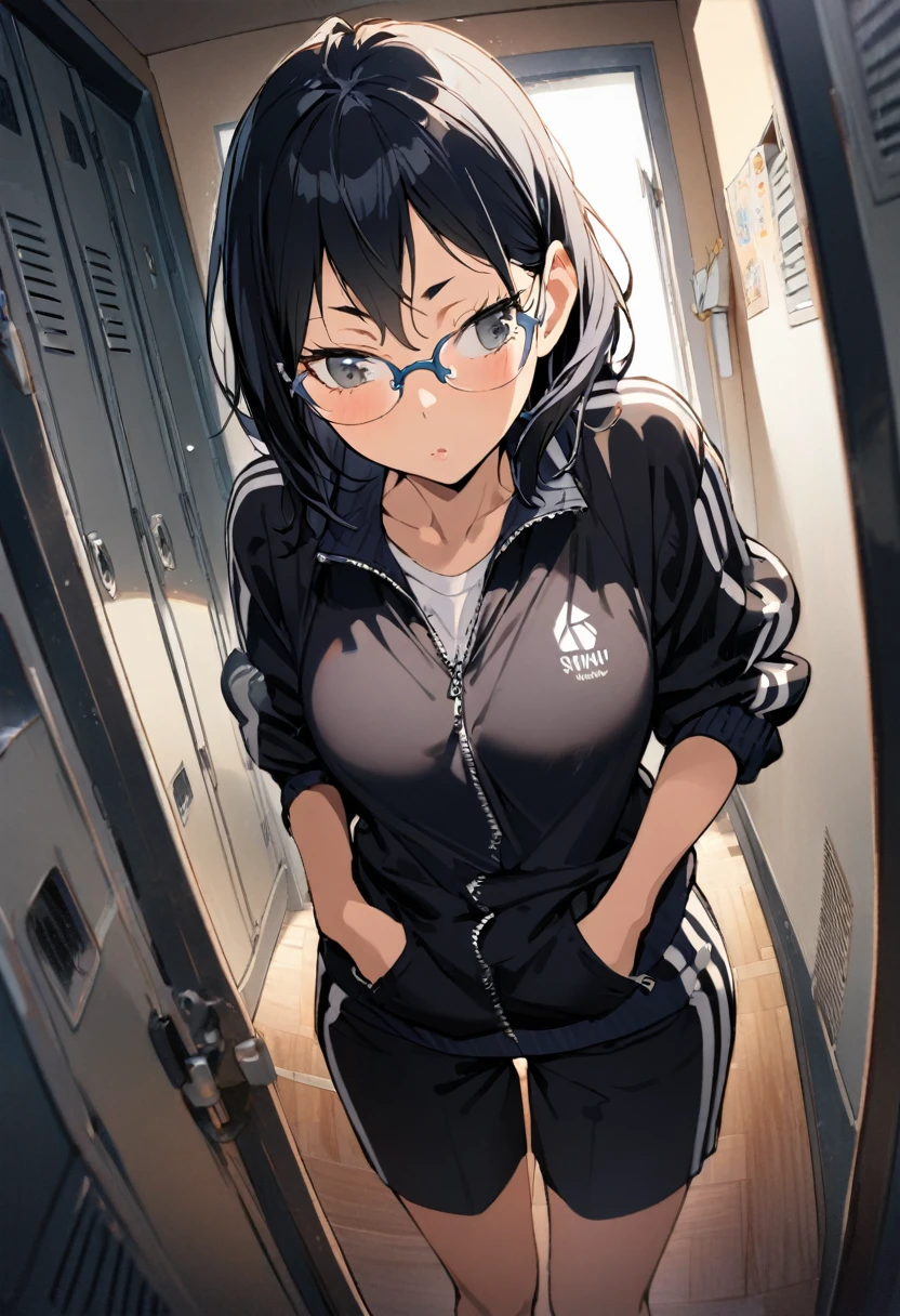 upscales，lamplight，8K，k hd,(((Anime manga girl))),((On a table)),Best quality at best, Extremely detailed CG unified 8K,(( 1 girl in)), (Beautifully meticulous), Intricate patterns,Character focus,track suit，Sports equipment warehouse，with short black hair，No bangs，wears glasses，girl lying on mat，Lift your hips high，girl looks nervous，face flushed，girl belly bloated，full buttocks，skinny pants