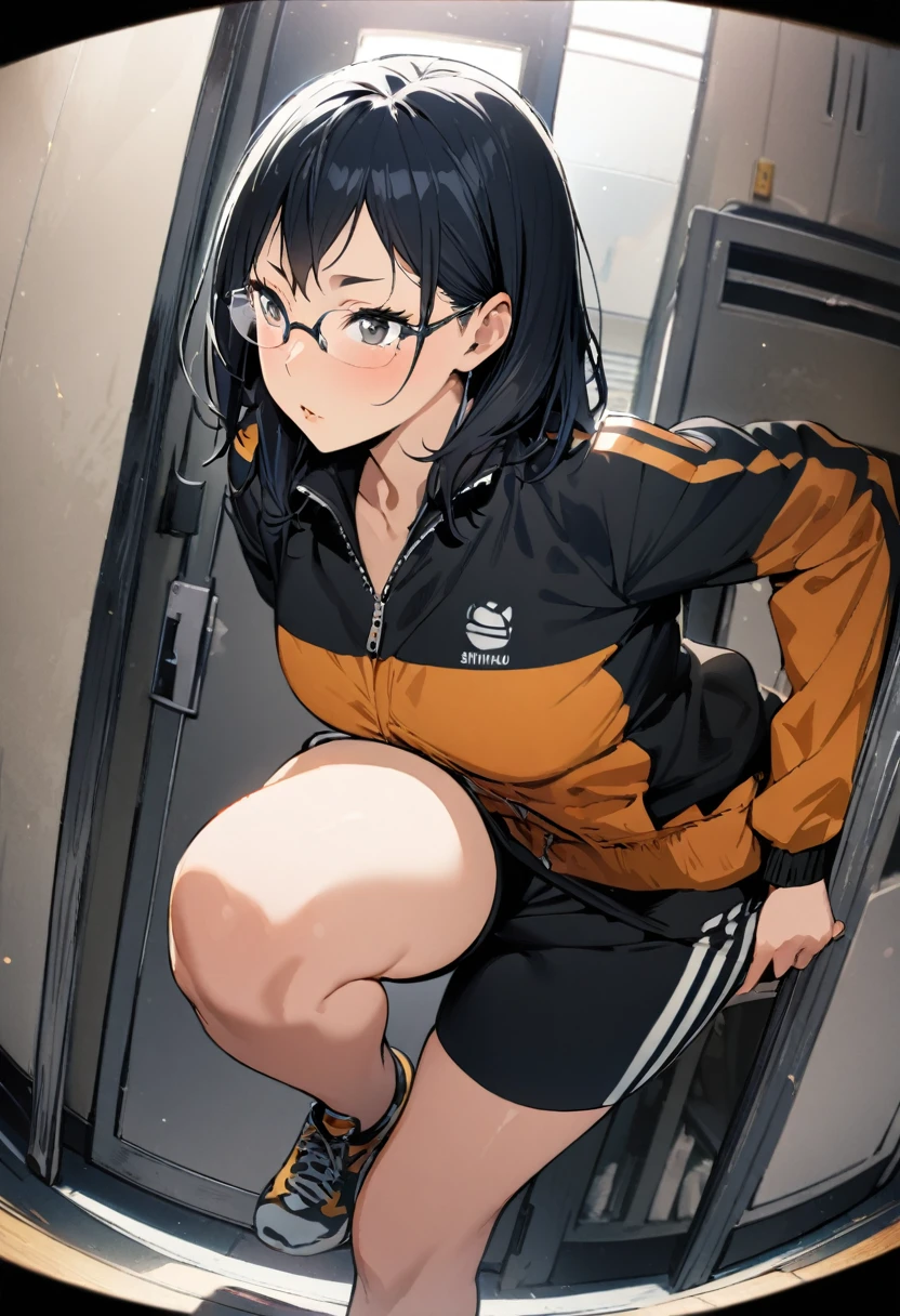 1girl, solo,shimizu kiyoko, haikyuu!!,zipped track suit,track shorts,black,glasses.looking away,locker room,masterpiece, best quality, absurdres,fisheye distorted lens,peep through the peephole