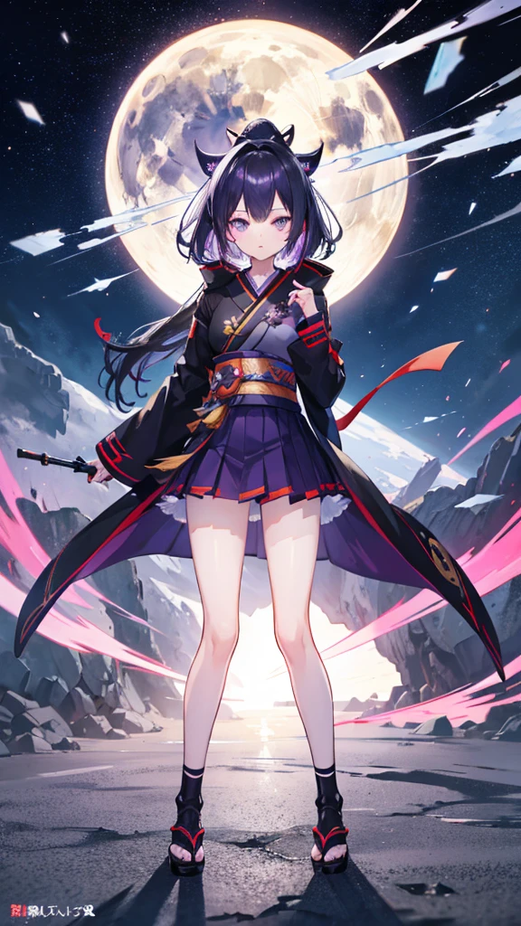 skinny girl, ultra high definition, very detailed, shuriken, shot, bundled hair, whole body, traditional Japanese outfit, short skirt, 23 years old, destroyed planet background, two tone hair (black, purple), Cheng'an, beautiful eyes