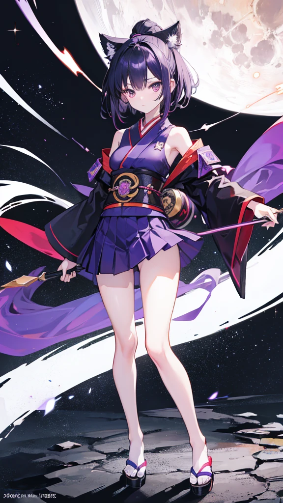 skinny girl, ultra high definition, very detailed, shuriken, shot, bundled hair, whole body, traditional Japanese outfit, short skirt, 23 years old, destroyed planet background, two tone hair (black, purple), Cheng'an, beautiful eyes
