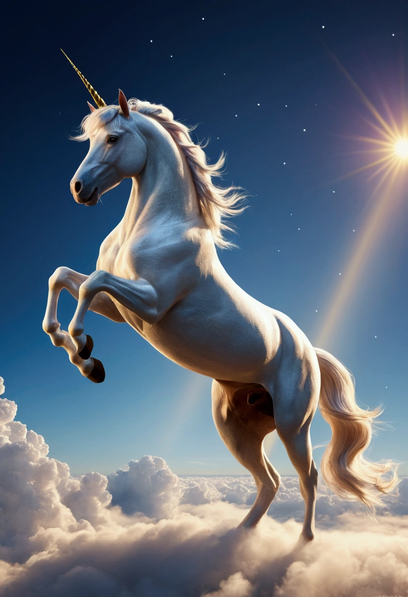 unicorn like creature，Features，take off and run，Soaring in the clouds and riding in the fog，robust，Space Background，nebula，suns，rays of sunshine，Planet，（All limbs intact），（No extra legs），（Light and shadow effects），（movie lighting），（Cinema 4D），（Depth of field effect），（8k wallpaper），（Rendering by Octane），（The Tyndall effect），（Unreal 5），（masterpiece），Extremely detailed picture depiction，realistically