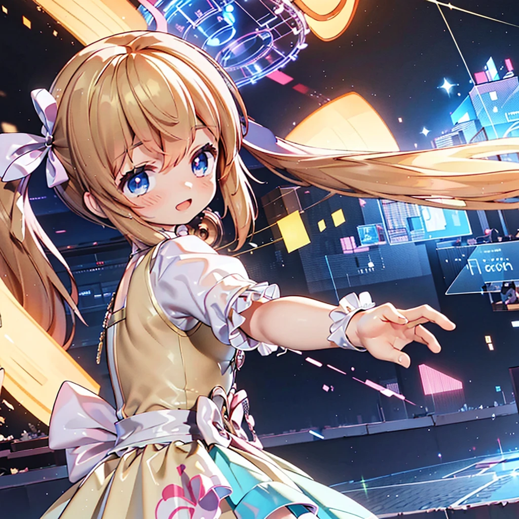 masterpiece, best quality, CG wallpaper, 8k, girl, solo cute, Blue eyes, brown twintail, (yellow dress), open mouth smile, look away, dynamic angle, glitch, neon and led lights, side view
