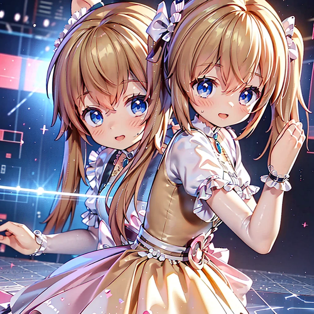 masterpiece, best quality, CG wallpaper, 8k, girl, solo cute, Blue eyes, brown twintail, (yellow dress), open mouth smile, look away, dynamic angle, glitch, neon and led lights, side view
