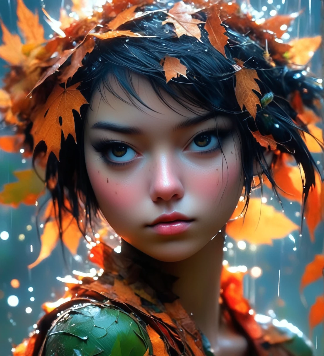 an autumn leaf pixie girl on a leaf in the rain, The agis man and the world of space adventure, photo realism, 8k resolution,, garden, trending on artstation, 4k, intricate details, highly detailed, pencil drawing, sketching, unreal engine, greg rutkowski, loish, rhads, beeple, makoto shinkai and lois van baarle, ilya kuvshinov, rossdraws, tom bagshaw, alphonse mucha, oil painting, heavy strokes, paint dripping, oil painting, heavy strokes, paint dripping