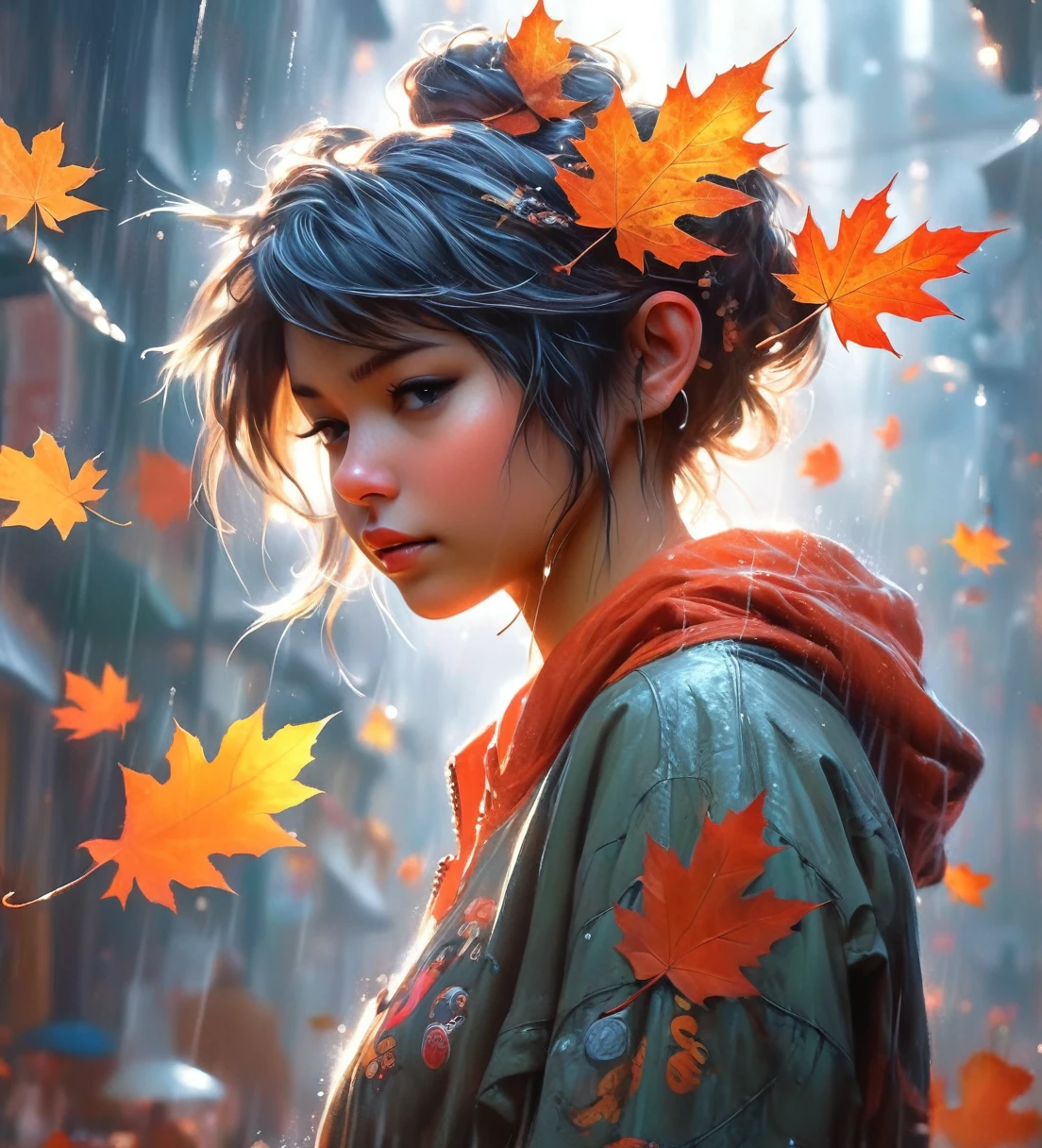 an autumn leaf pixie girl on a leaf in the rain, The agis man and the world of space adventure, photo realism, 8k resolution,, garden, trending on artstation, 4k, intricate details, highly detailed, pencil drawing, sketching, unreal engine, greg rutkowski, loish, rhads, beeple, makoto shinkai and lois van baarle, ilya kuvshinov, rossdraws, tom bagshaw, alphonse mucha, oil painting, heavy strokes, paint dripping, oil painting, heavy strokes, paint dripping