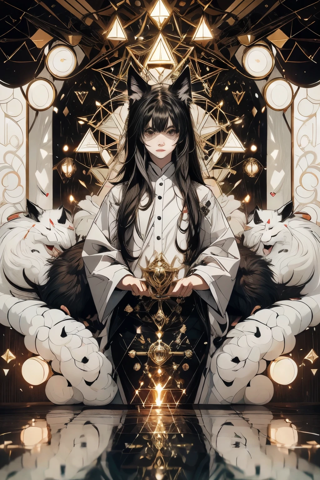 generates a vtuber style persona, masculine, with black fox circles in the middle white, medium long well filled hair, that looks like a feline, roupa bem estilosa bem pank masculine 
